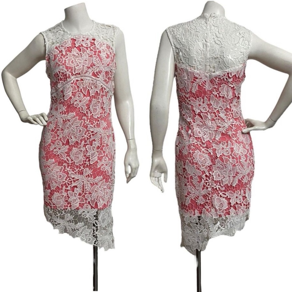 Bebe Peach White Asymmetrical Lace Hem Sleeveless Dress Cocktail Party size 4